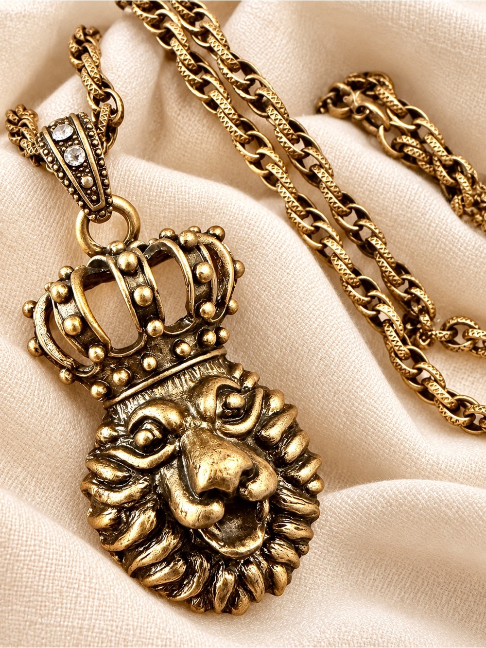 925 Stamped Crowned Lion King Pendant Necklace | Gold Tone Statement Vintage